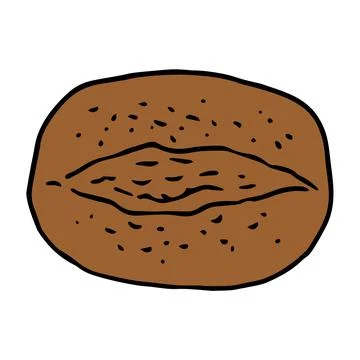 Brown bread icon, top view. hand-drawn in a doodle style with a black outline on Stock Illustration