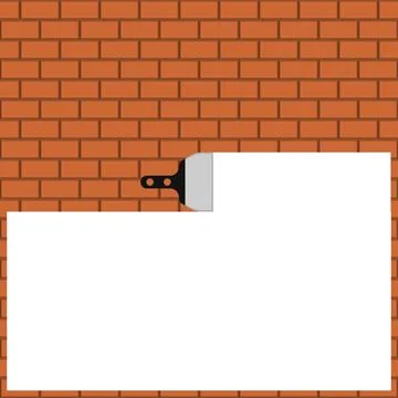 Brown brick wall with white plaster and trowel. White background.  Stock Illustration