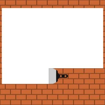Brown brick wall with white plaster and trowel. White background.  Stock Illustration