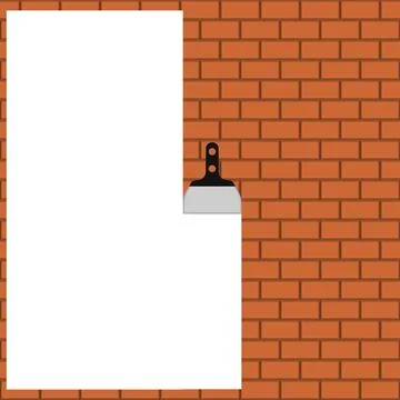 Brown brick wall with white plaster and trowel. White background.  Stock Illustration