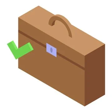 Brown briefcase is closed and has a green check mark next to it Stock Illustration