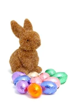 Brown bunny and easter eggs Stock Photos