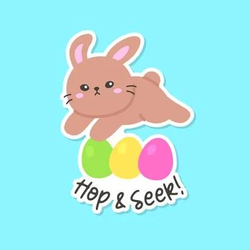 Brown Bunny with Colorful Easter Eggs and Hop and Seek Text Stock-Illustration
