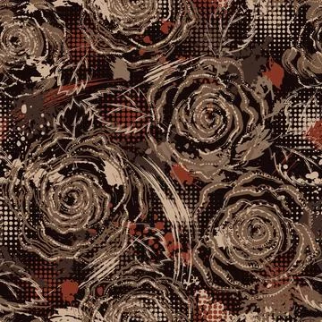 Brown camo pattern with roses, splattered paint Stock Illustration