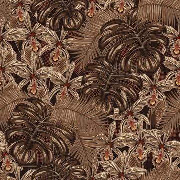 Brown camo pattern with tropical leaves, orchyds Stock Illustration