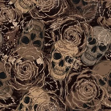 Brown camouflage pattern with skulls, roses Illustrazione stock