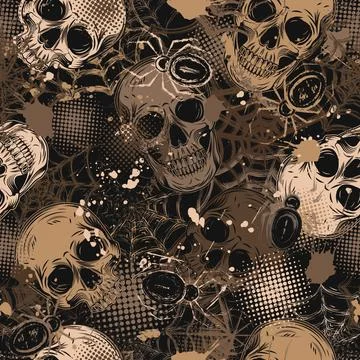 Brown camouflage pattern with skulls, spiderweb Stock Illustration