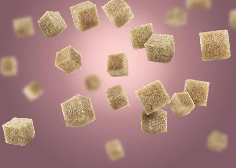 Brown cane sugar cubes falling on dark pink gradient background Stock Photos