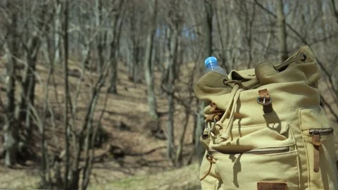 Brown canvas rucksack and plastic water bottle in forest with copy space Stock Footage 182292638