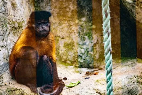 Brown capuchin monkey sitting inside a mountain zoo enclosure looking thoug.. Stock Photos