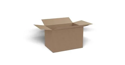 Brown carboard box moving quickly into into shot and opening on white background Illustration