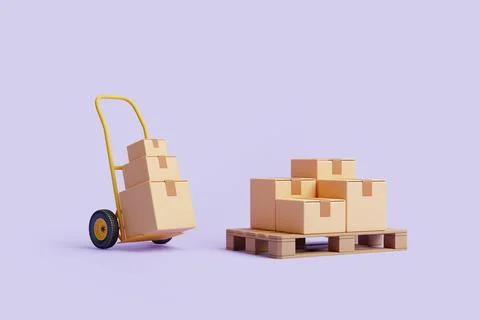 Brown cardboard boxes are stacked on a pallet with hand truck Stock Illustration