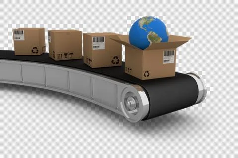 Brown cardboard boxes with globe on 3D conveyor belt Stock Photos