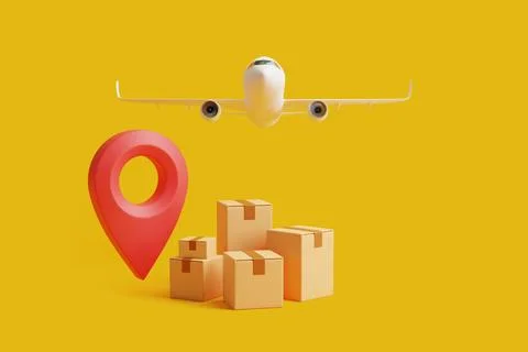 Brown cardboard boxes with red location pointer under flying airplane Stock Illustration