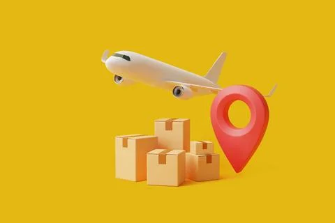 Brown cardboard boxes with red location pointer under flying airplane Stock Illustration