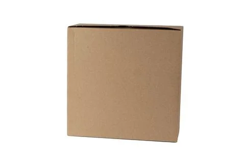 The brown cardboard packaging box is positioned vertically. Stock Photos