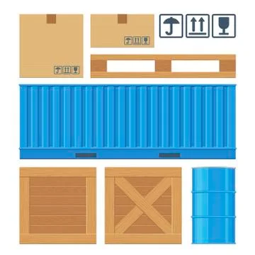 Brown carton packaging box, pallet, yellow container, wooden crates, metal ba Stock Illustration