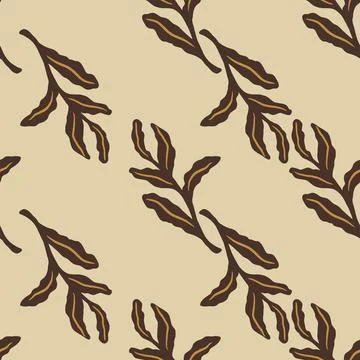 Brown cartoon seamless pattern with simple leaf branches shapes. Pastel backg Stock Illustration