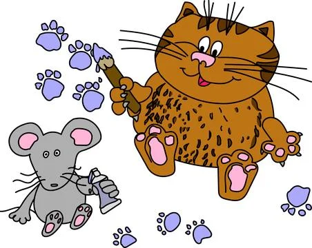 Brown cat and grey mouse on a white background Illustrazione stock
