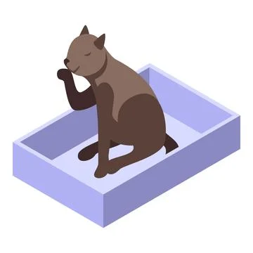 Brown cat cleaning itself while sitting in a light blue litter box イラスト素材