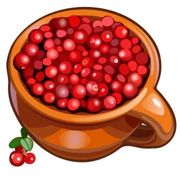 Brown ceramic mug filled with fresh red ripe cranberries or cowberries isolated Stock Illustration