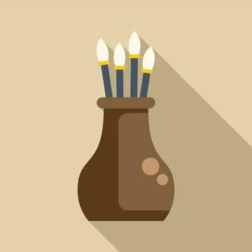Brown ceramic vase holding thin paintbrushes for artist studio or art class Stock Illustration