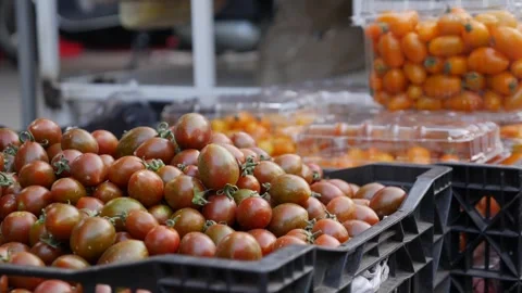 Brown cherry tomatoes stacked inside a plastic crate displayed for sale at a loc Stock Footage 338001123