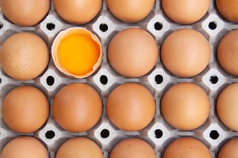 Brown Chicken egg is half broken among other eggs, Eggs packed in cardboard o Foto stock