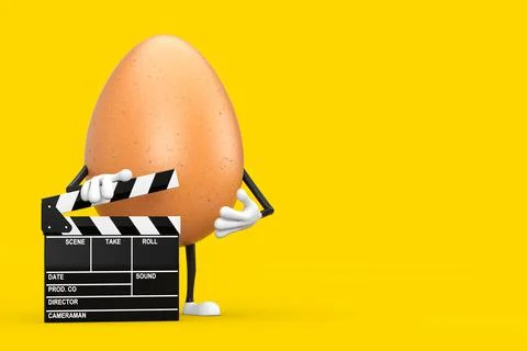 Brown Chicken Egg Person Character Mascot with Movie Clapper Board. 3d Render Stock Illustration