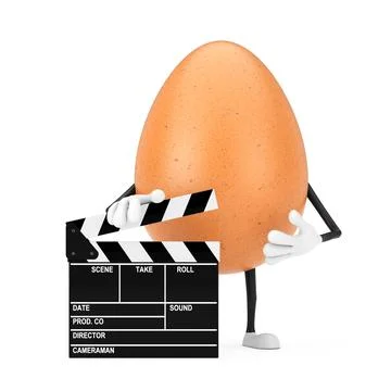 Brown Chicken Egg Person Character Mascot with Movie Clapper Board. 3d Render イラスト素材
