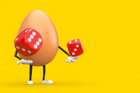 Brown Chicken Egg Person Character Mascot with Red Game Dice Cubes in Flight. イラスト素材