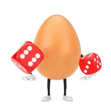 Brown Chicken Egg Person Character Mascot with Red Game Dice Cubes in Flight. イラスト素材