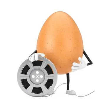 Brown Chicken Egg Person Character Mascot with Film Reel Cinema Tape. 3d Rend Illustrazione stock