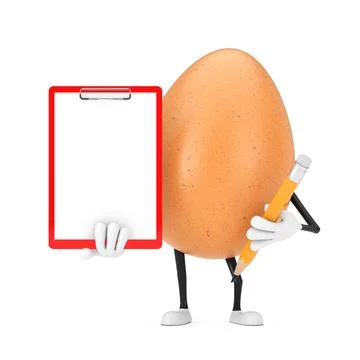 Brown Chicken Egg Person Character Mascot with Red Plastic Clipboard, Paper a Stock Illustration