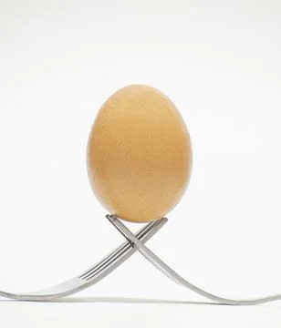 A brown chicken egg is placed on the tip of a cutlery. Stock Photos