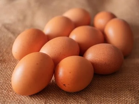 Brown Chicken Eggs on Burlap Texture Stock Photos