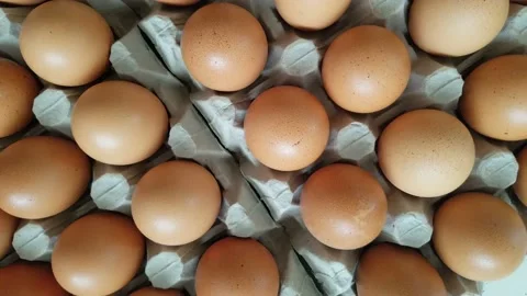 Brown chicken eggs in cardboard boxes viewed from above. Vidéo 142742404