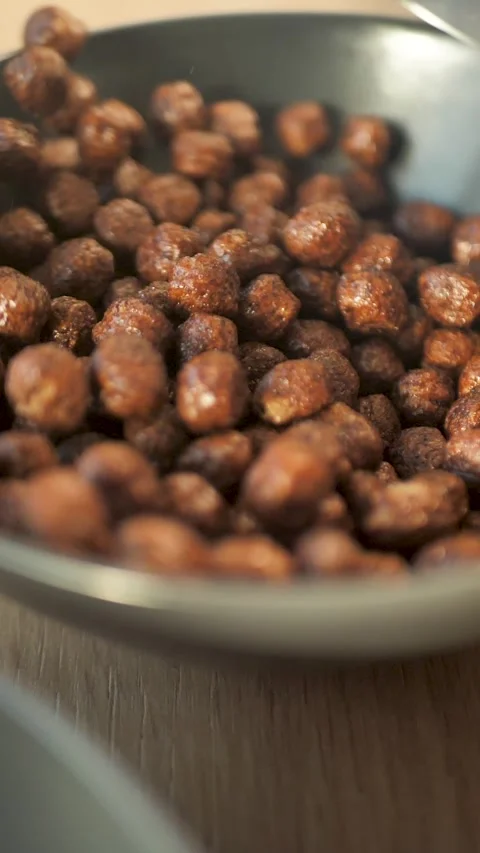 Brown chocolate flakes in the form of balls pour into a bowl into a slow motion  Vidéo 294723770