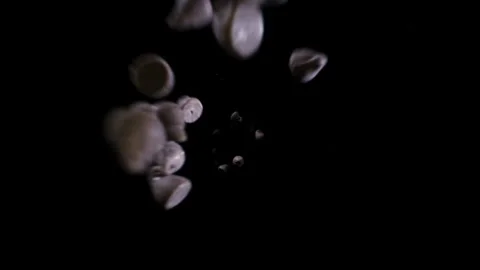 Brown Chocolate pieces fall into frame against black background in slow motion Stock Footage 154144813