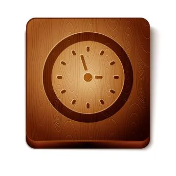 Brown Clock icon isolated on white background. Time symbol. Wooden square button 스톡 일러스트