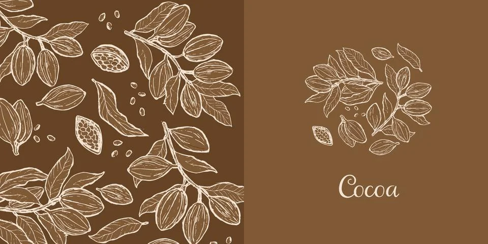 Brown cocoa beans seamless pattern and plants set. Illustrazione stock
