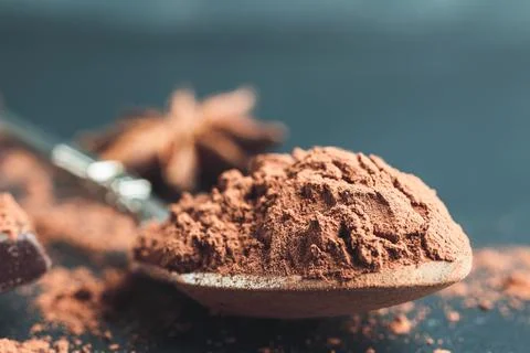 Brown cocoa powder in the spoon on dark background, close-up view Stock Photos