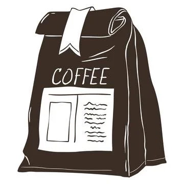 Brown Coffee Bag Doodle Vector With White Label And Text. Sealed Packaging With Stock Illustration
