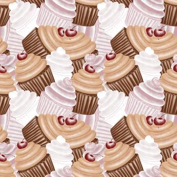 Brown coffee cake illustrations, hatched and contoured, seamless, solid patte Stock Illustration
