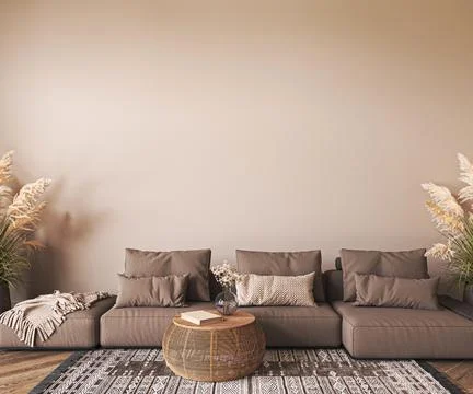 Brown color interior design with sofa,wooden boho table and ethnic carpet in Illustrazione stock