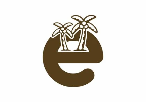 Brown color of lowercase e initial letter with coconut tree Stock Illustration