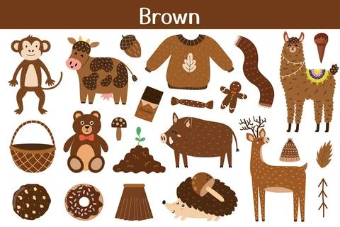 Brown color objects set. Learning colors for kids. Cute elements collection Stock Illustration