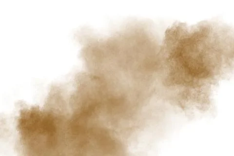 Brown color powder explosion cloud on white background.Brown dust splashing.. Stock Photos