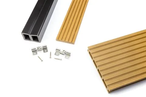 Brown composite decking board and mounting material Stock Photos