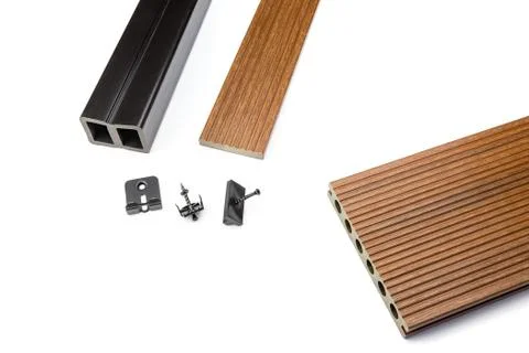 Brown composite decking plank with fixing material Stock Photos